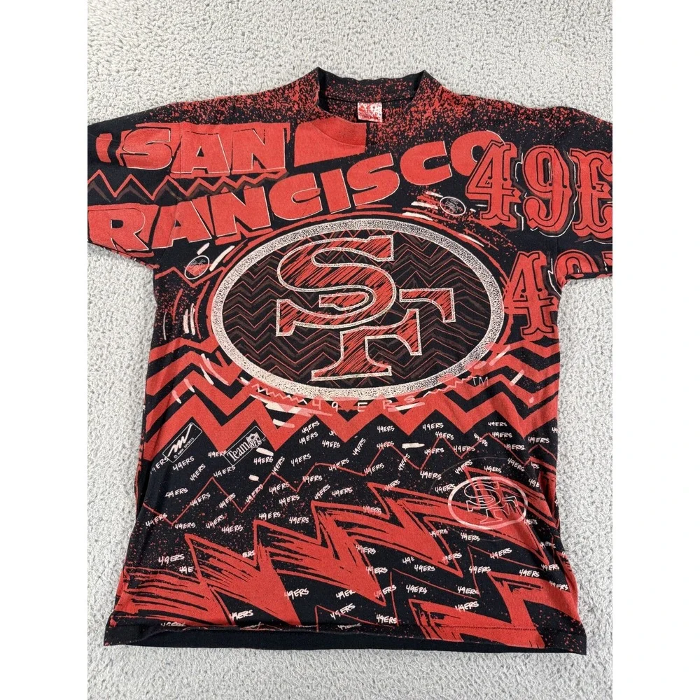 Vintage 90s San Francisco 49ers Magic Johnson T-Shirt Mens XL Black Red AOP Logo